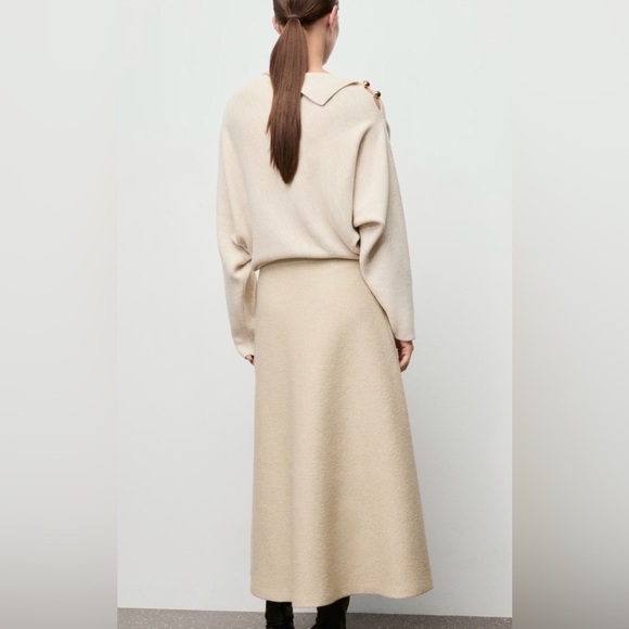 MANGO Beige A-Line Wool Skirt Sz M NWT Midi Long Ecru Off-white Ivory - Picture 3 of 6